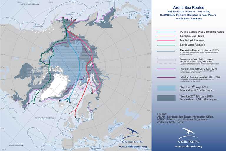 Arctic Portal Map - Arctic Sea Routes, Ice Conditions, EEZs, IMO Delimitations